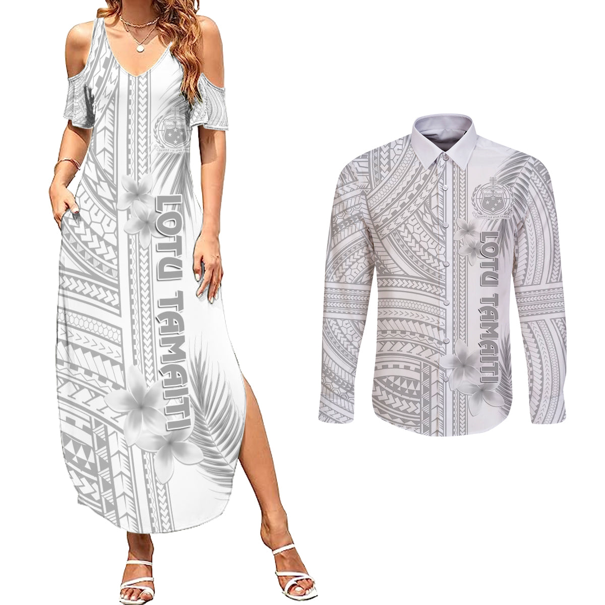 Personalised Samoa White Sunday Couples Matching Summer Maxi Dress and Long Sleeve Button Shirts Manuia le Aso Sa o Tamaiti Polynesian Plumeria - Wonder Print Shop