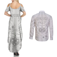 Personalised Samoa White Sunday Couples Matching Summer Maxi Dress and Long Sleeve Button Shirts Manuia le Aso Sa o Tamaiti Polynesian Plumeria - Wonder Print Shop