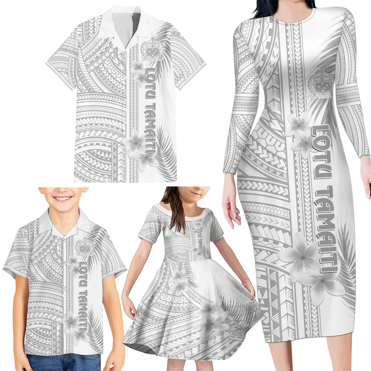 Personalised Samoa White Sunday Family Matching Long Sleeve Bodycon Dress and Hawaiian Shirt Manuia le Aso Sa o Tamaiti Polynesian Plumeria - Wonder Print Shop