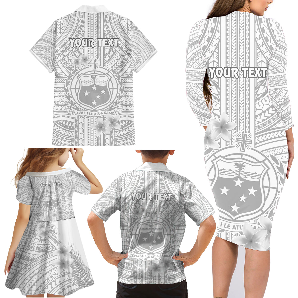Personalised Samoa White Sunday Family Matching Long Sleeve Bodycon Dress and Hawaiian Shirt Manuia le Aso Sa o Tamaiti Polynesian Plumeria - Wonder Print Shop