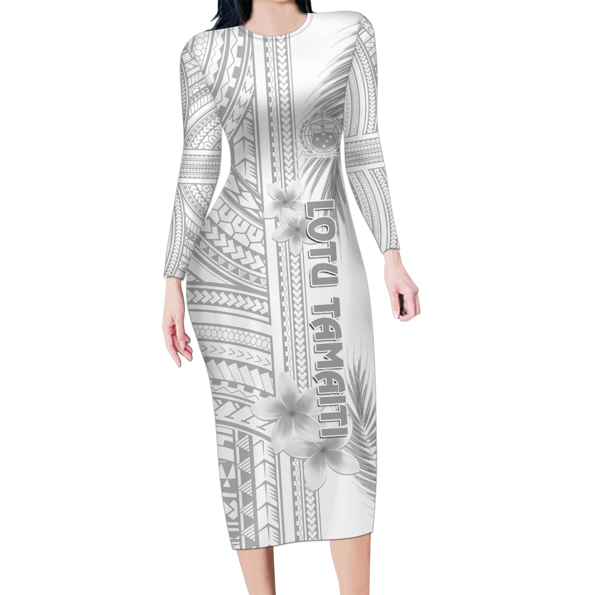 Personalised Samoa White Sunday Family Matching Long Sleeve Bodycon Dress and Hawaiian Shirt Manuia le Aso Sa o Tamaiti Polynesian Plumeria - Wonder Print Shop