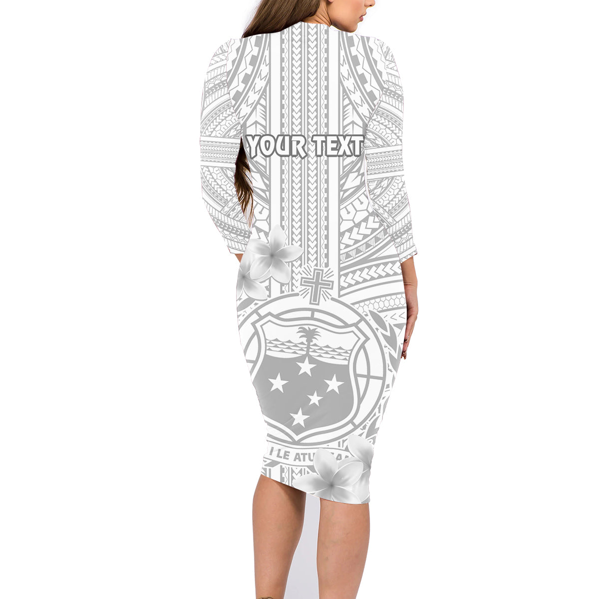 Personalised Samoa White Sunday Family Matching Long Sleeve Bodycon Dress and Hawaiian Shirt Manuia le Aso Sa o Tamaiti Polynesian Plumeria - Wonder Print Shop