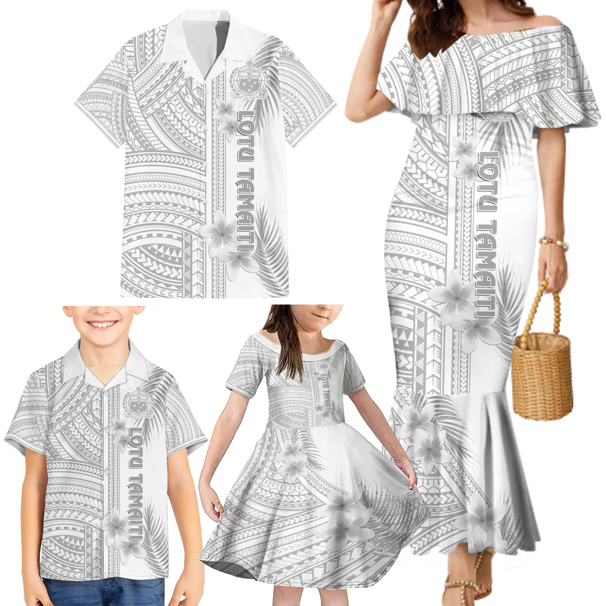 Personalised Samoa White Sunday Family Matching Mermaid Dress and Hawaiian Shirt Manuia le Aso Sa o Tamaiti Polynesian Plumeria - Wonder Print Shop