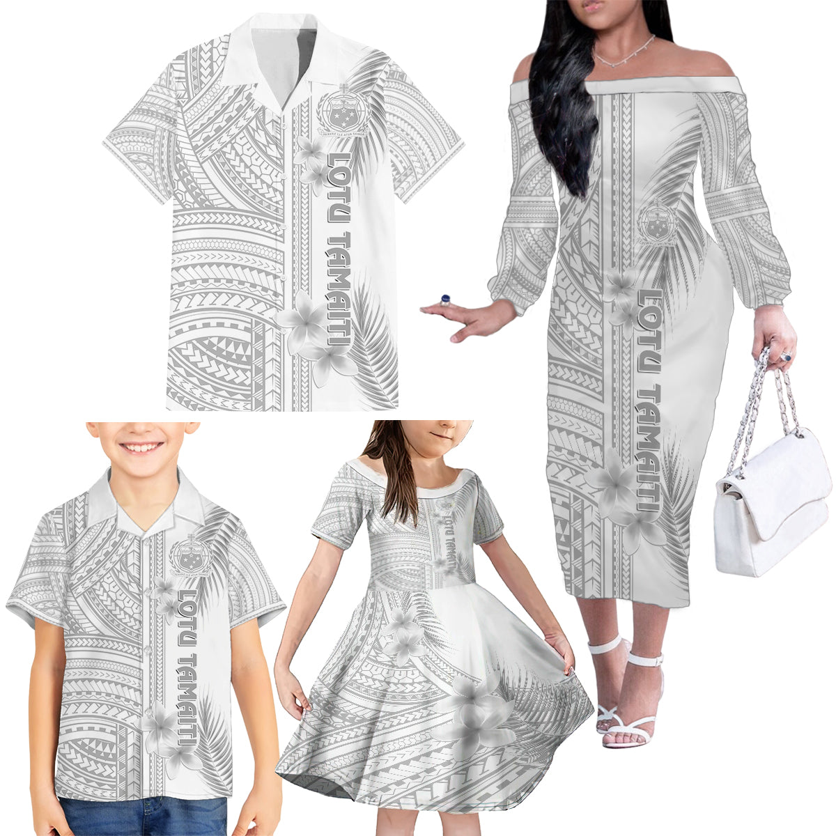 Personalised Samoa White Sunday Family Matching Off Shoulder Long Sleeve Dress and Hawaiian Shirt Manuia le Aso Sa o Tamaiti Polynesian Plumeria - Wonder Print Shop