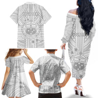 Personalised Samoa White Sunday Family Matching Off Shoulder Long Sleeve Dress and Hawaiian Shirt Manuia le Aso Sa o Tamaiti Polynesian Plumeria - Wonder Print Shop