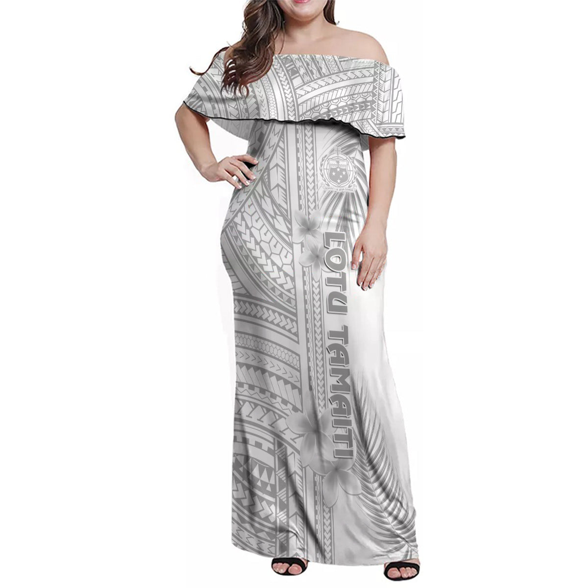Personalised Samoa White Sunday Family Matching Off Shoulder Maxi Dress and Hawaiian Shirt Manuia le Aso Sa o Tamaiti Polynesian Plumeria - Wonder Print Shop