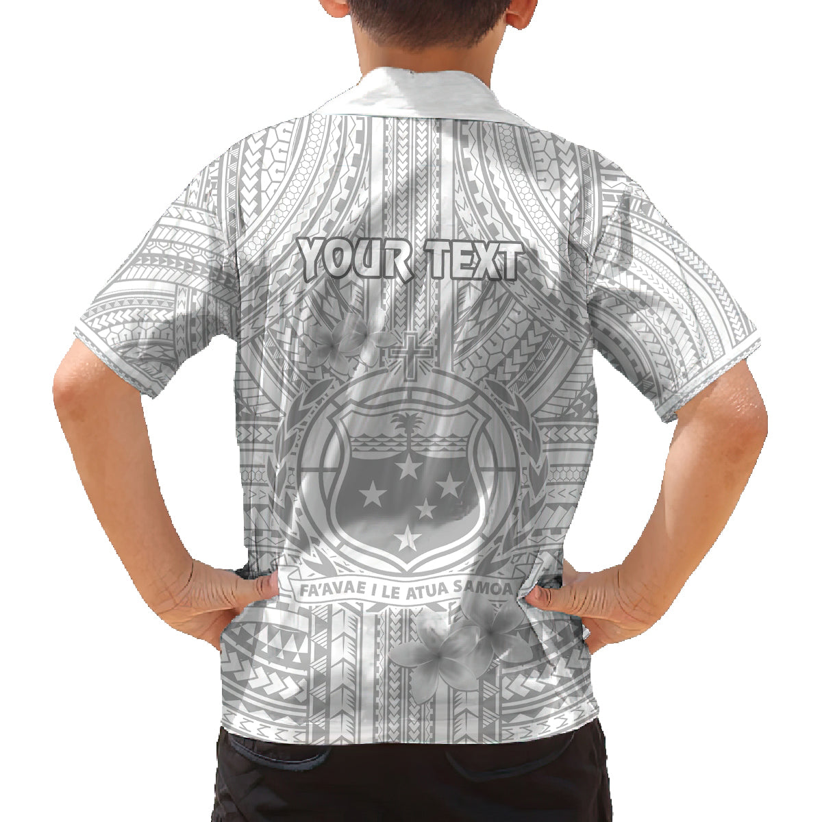 Personalised Samoa White Sunday Family Matching Off Shoulder Short Dress and Hawaiian Shirt Manuia le Aso Sa o Tamaiti Polynesian Plumeria - Wonder Print Shop