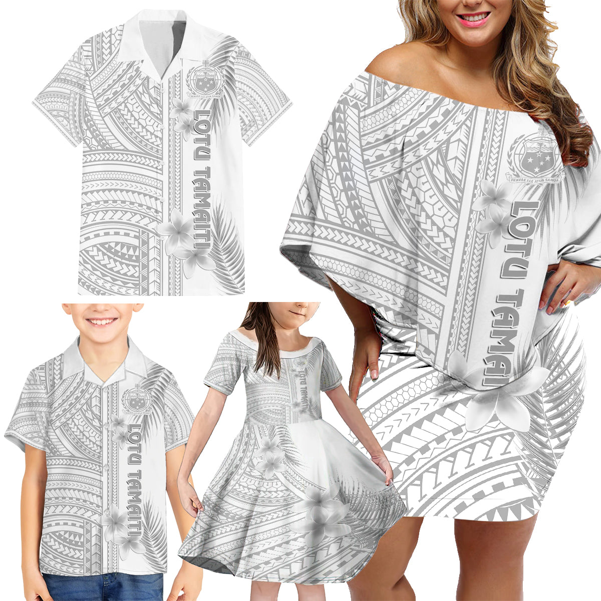 Personalised Samoa White Sunday Family Matching Off Shoulder Short Dress and Hawaiian Shirt Manuia le Aso Sa o Tamaiti Polynesian Plumeria - Wonder Print Shop
