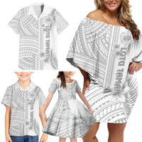 Personalised Samoa White Sunday Family Matching Off Shoulder Short Dress and Hawaiian Shirt Manuia le Aso Sa o Tamaiti Polynesian Plumeria - Wonder Print Shop
