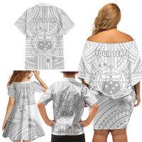 Personalised Samoa White Sunday Family Matching Off Shoulder Short Dress and Hawaiian Shirt Manuia le Aso Sa o Tamaiti Polynesian Plumeria - Wonder Print Shop