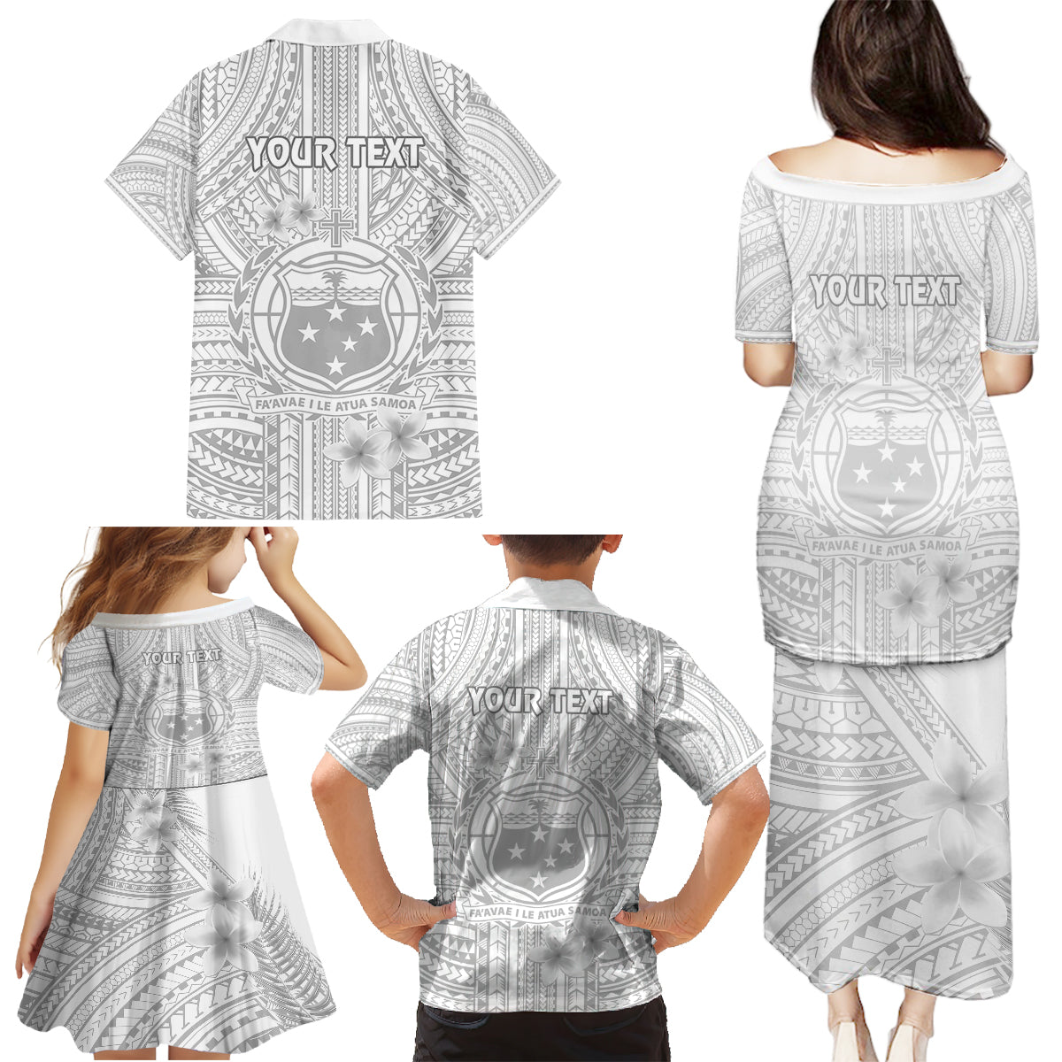 Personalised Samoa White Sunday Family Matching Puletasi Dress and Hawaiian Shirt Manuia le Aso Sa o Tamaiti Polynesian Plumeria - Wonder Print Shop