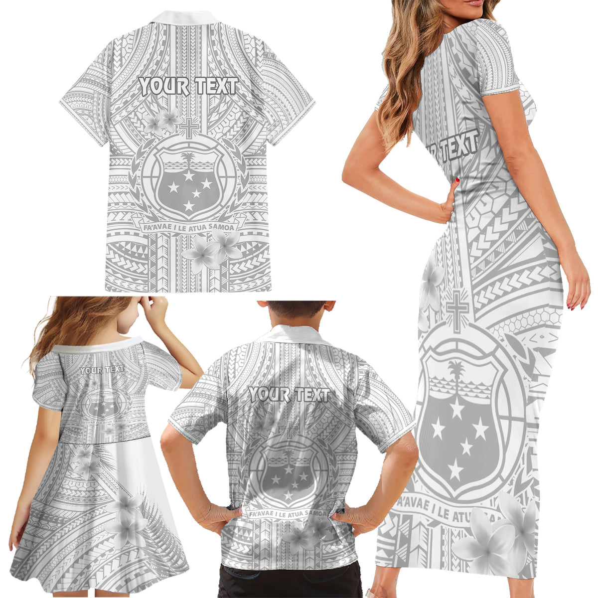 Personalised Samoa White Sunday Family Matching Short Sleeve Bodycon Dress and Hawaiian Shirt Manuia le Aso Sa o Tamaiti Polynesian Plumeria - Wonder Print Shop
