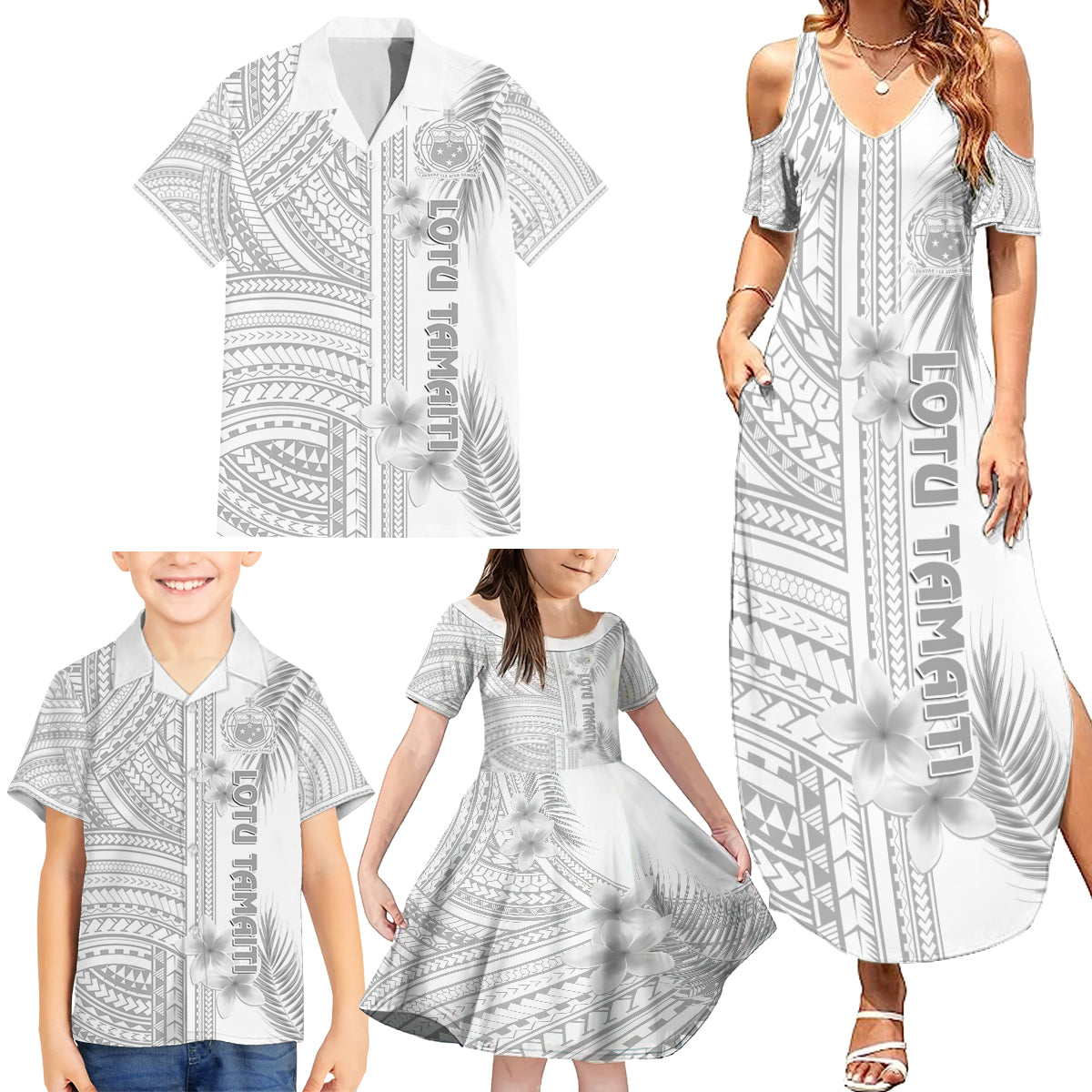 Personalised Samoa White Sunday Family Matching Summer Maxi Dress and Hawaiian Shirt Manuia le Aso Sa o Tamaiti Polynesian Plumeria - Wonder Print Shop