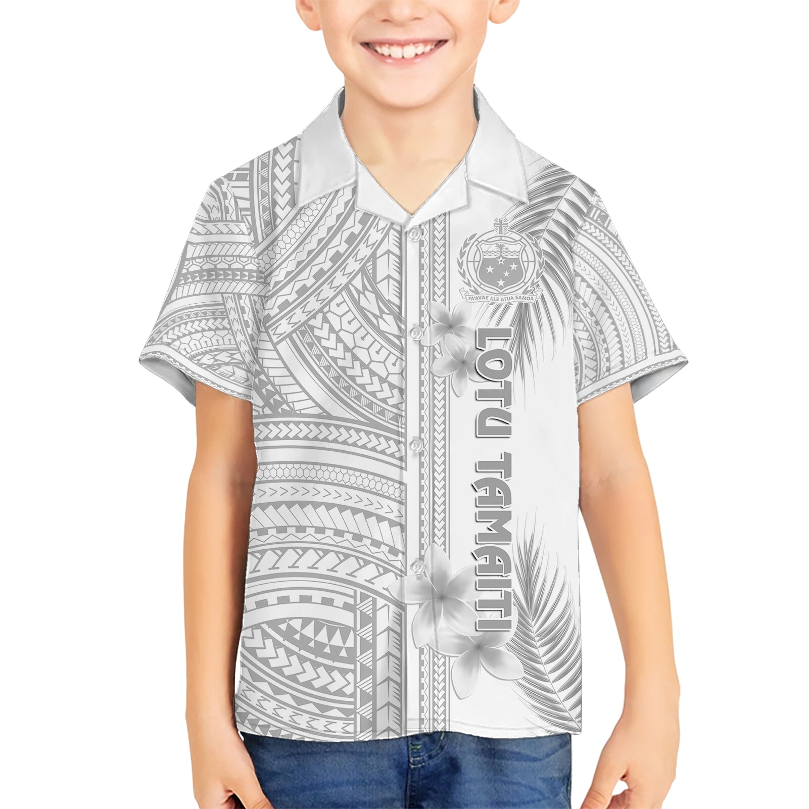 Personalised Samoa White Sunday Kid Hawaiian Shirt Manuia le Aso Sa o Tamaiti Polynesian Plumeria - Wonder Print Shop
