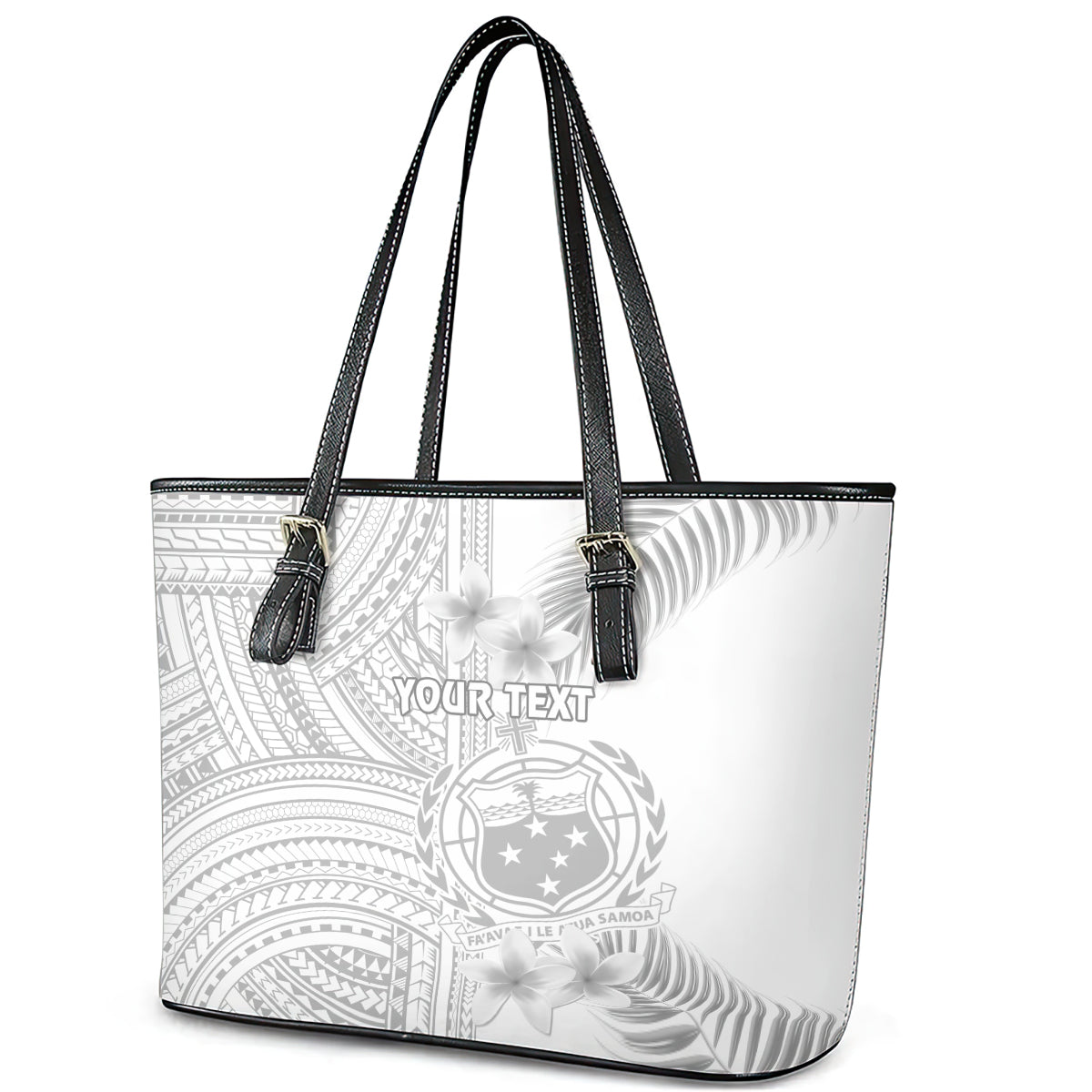 Personalised Samoa White Sunday Leather Tote Bag Manuia le Aso Sa o Tamaiti Polynesian Plumeria - Wonder Print Shop