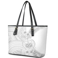 Personalised Samoa White Sunday Leather Tote Bag Manuia le Aso Sa o Tamaiti Polynesian Plumeria - Wonder Print Shop