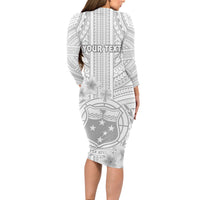 Personalised Samoa White Sunday Long Sleeve Bodycon Dress Manuia le Aso Sa o Tamaiti Polynesian Plumeria - Wonder Print Shop