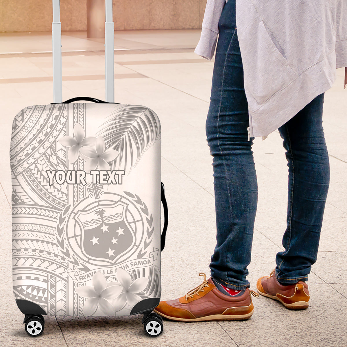 Personalised Samoa White Sunday Luggage Cover Manuia le Aso Sa o Tamaiti Polynesian Plumeria - Wonder Print Shop