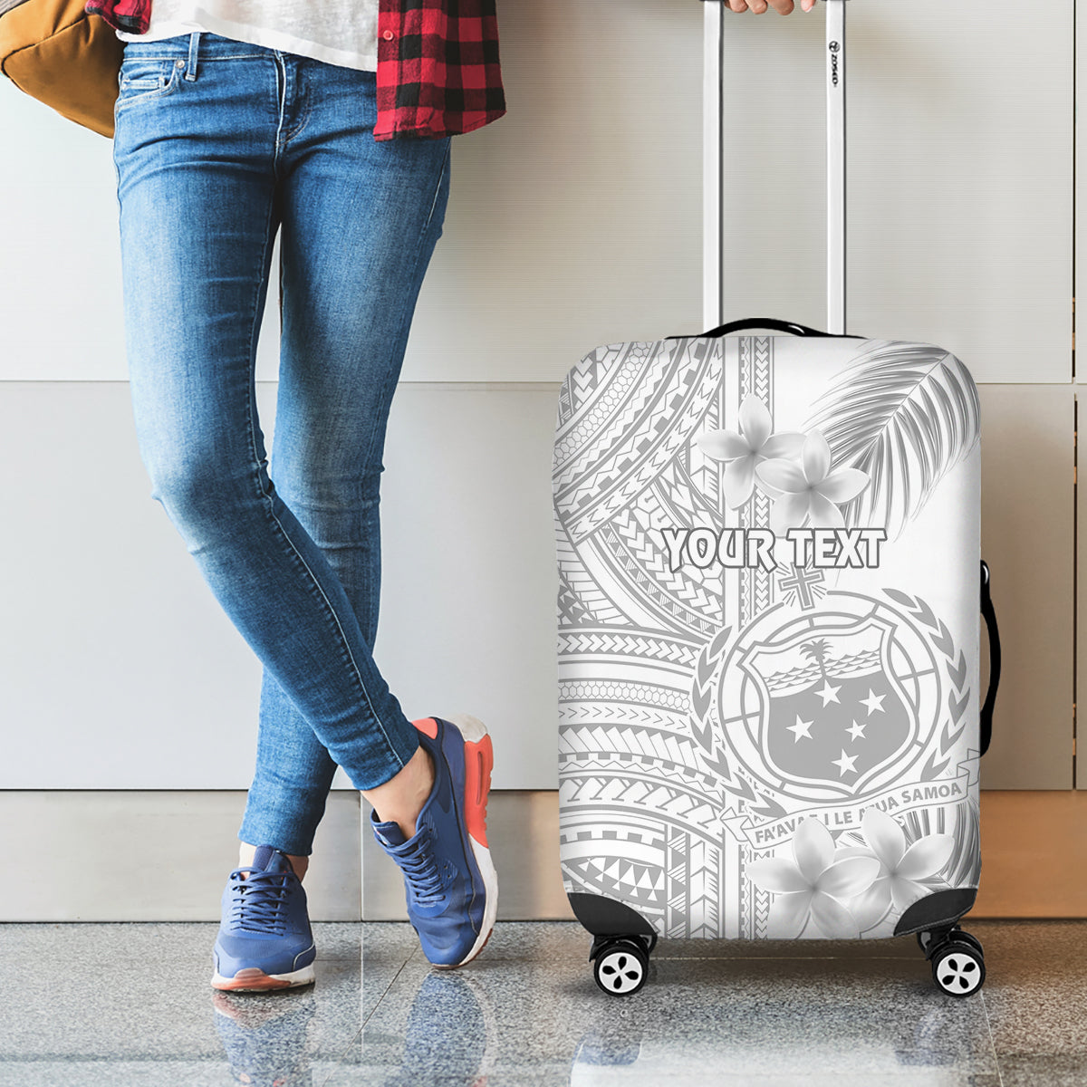 Personalised Samoa White Sunday Luggage Cover Manuia le Aso Sa o Tamaiti Polynesian Plumeria - Wonder Print Shop