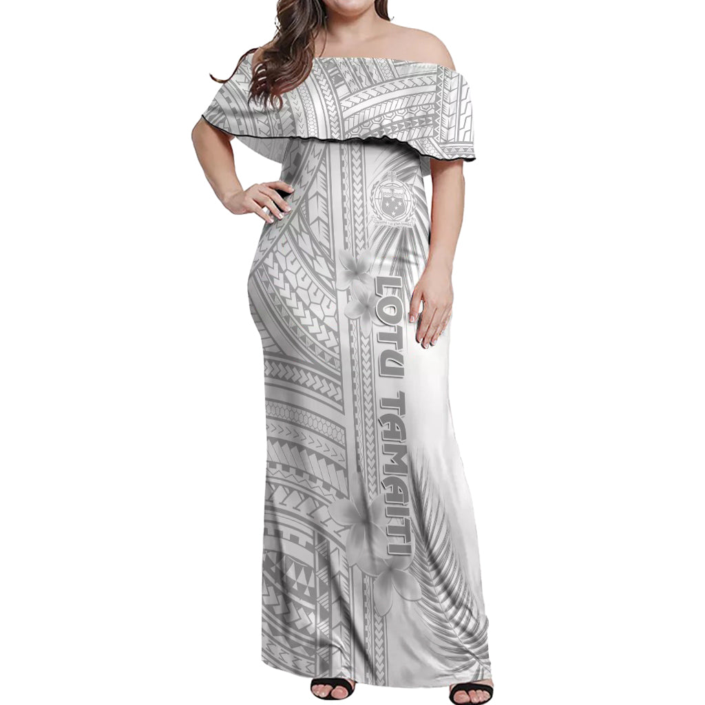 Personalised Samoa White Sunday Off Shoulder Maxi Dress Manuia le Aso Sa o Tamaiti Polynesian Plumeria - Wonder Print Shop