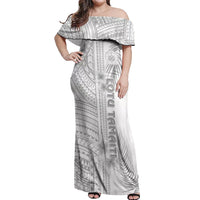 Personalised Samoa White Sunday Off Shoulder Maxi Dress Manuia le Aso Sa o Tamaiti Polynesian Plumeria - Wonder Print Shop