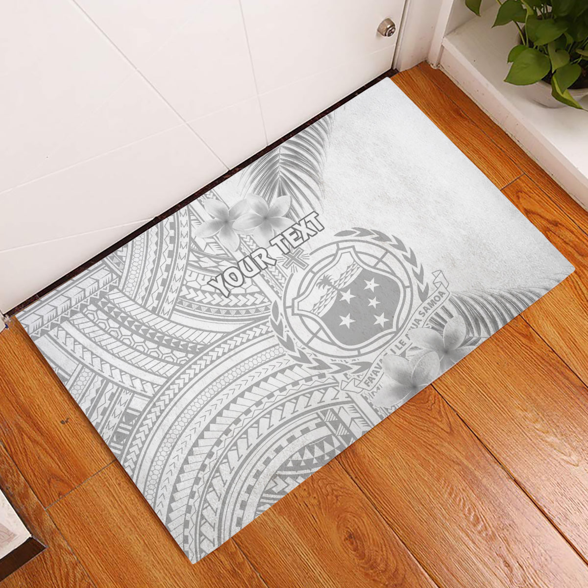 Personalised Samoa White Sunday Rubber Doormat Manuia le Aso Sa o Tamaiti Polynesian Plumeria - Wonder Print Shop