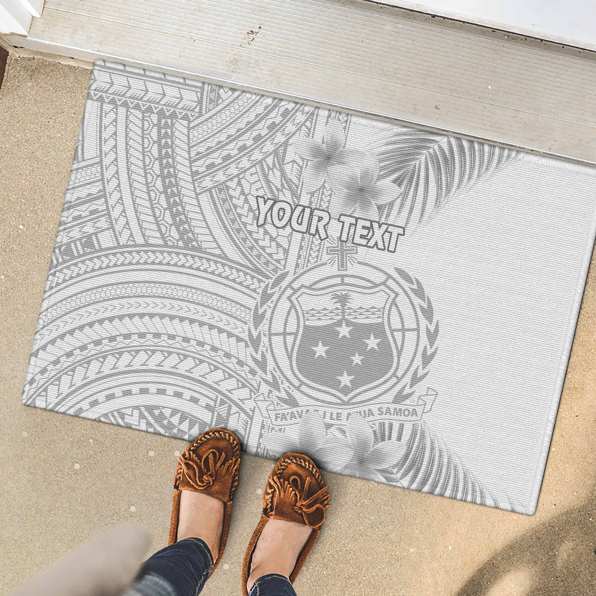 Personalised Samoa White Sunday Rubber Doormat Manuia le Aso Sa o Tamaiti Polynesian Plumeria - Wonder Print Shop