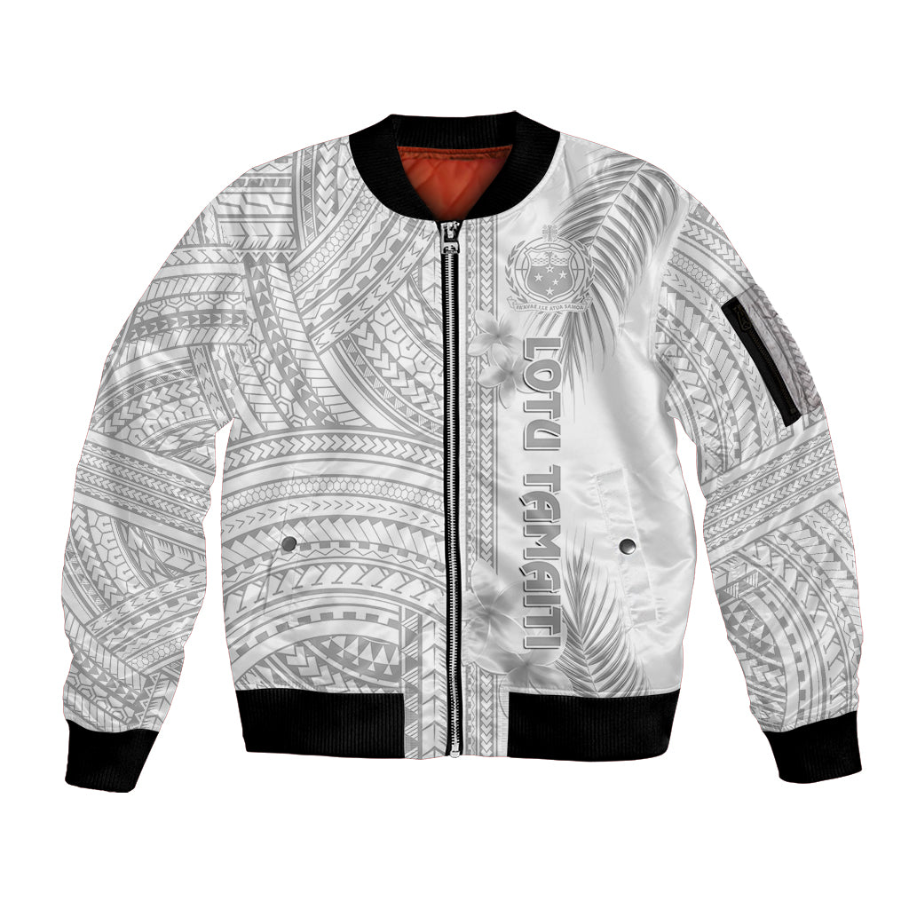 Personalised Samoa White Sunday Sleeve Zip Bomber Jacket Manuia le Aso Sa o Tamaiti Polynesian Plumeria - Wonder Print Shop