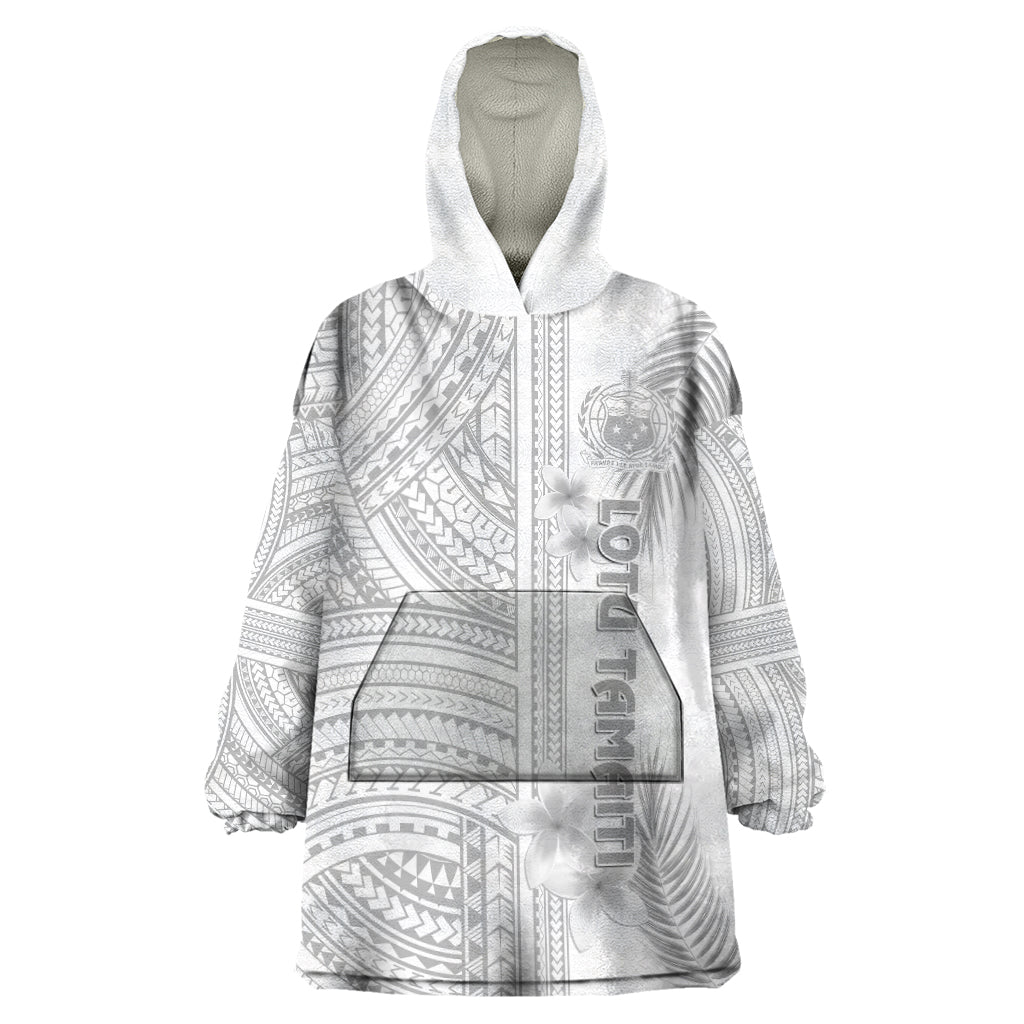 Personalised Samoa White Sunday Wearable Blanket Hoodie Manuia le Aso Sa o Tamaiti Polynesian Plumeria - Wonder Print Shop