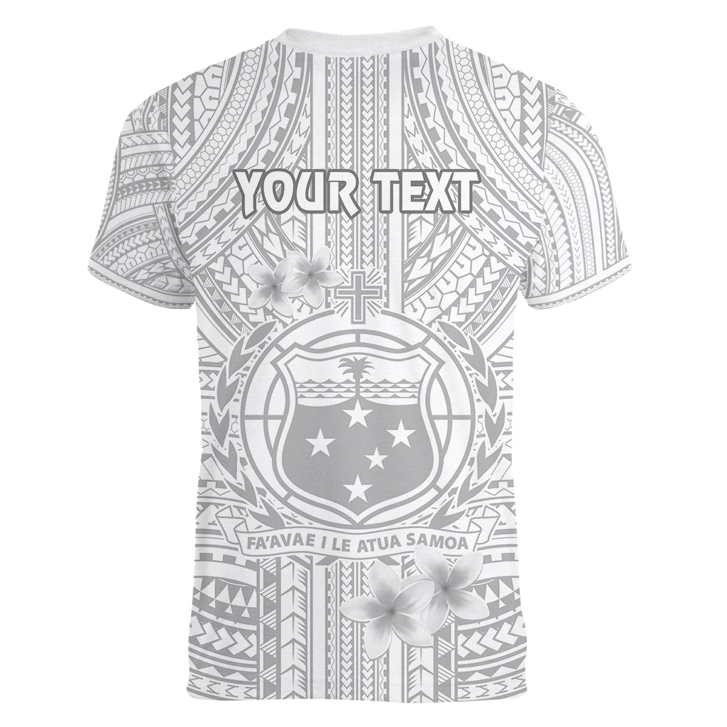 Personalised Samoa White Sunday Women V Neck T Shirt Manuia le Aso Sa o Tamaiti Polynesian Plumeria - Wonder Print Shop