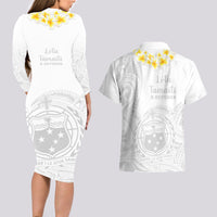 Samoa White Sunday Couples Matching Long Sleeve Bodycon Dress and Hawaiian Shirt Lotu Tamaiti 2023 With Coat Of Arms - Wonder Print Shop
