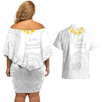 Samoa White Sunday Couples Matching Off Shoulder Short Dress and Hawaiian Shirt Lotu Tamaiti 2023 With Coat Of Arms - Wonder Print Shop