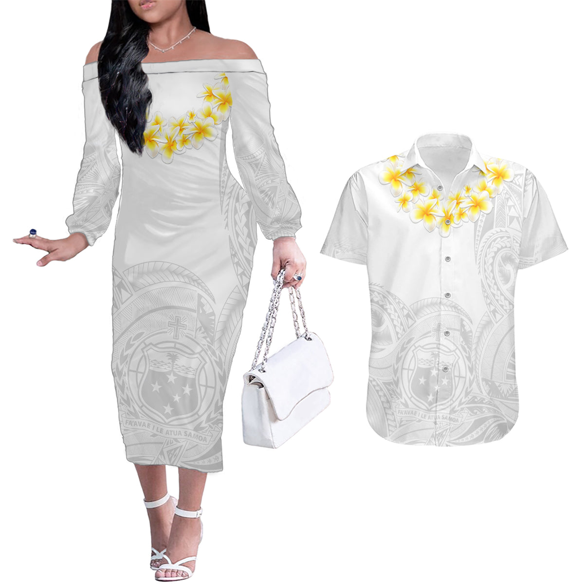 Samoa White Sunday Couples Matching Off The Shoulder Long Sleeve Dress and Hawaiian Shirt Lotu Tamaiti 2023 With Coat Of Arms - Wonder Print Shop