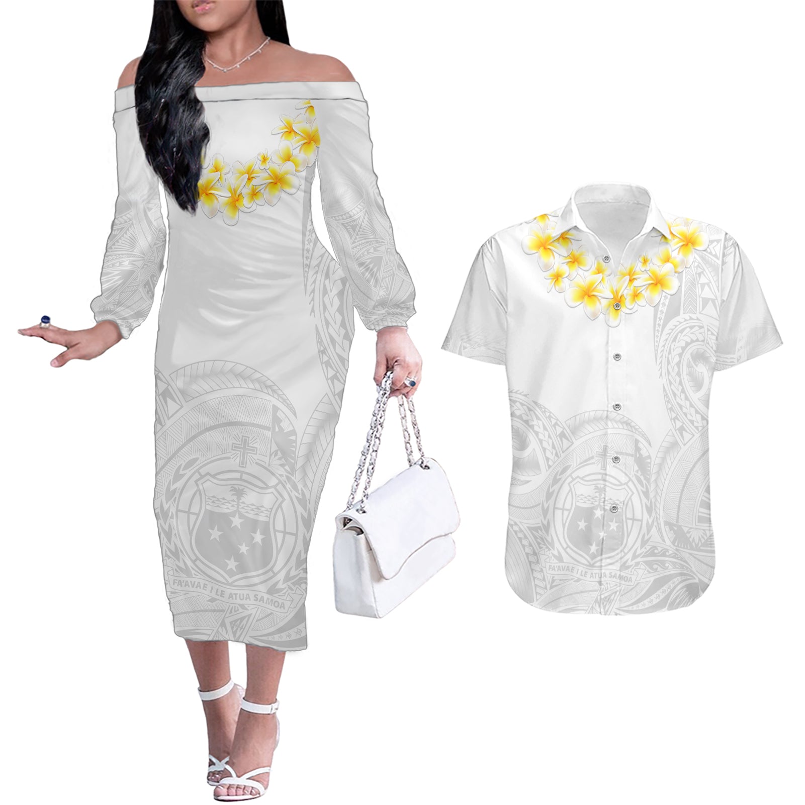 Samoa White Sunday Couples Matching Off The Shoulder Long Sleeve Dress and Hawaiian Shirt Lotu Tamaiti 2023 With Coat Of Arms - Wonder Print Shop