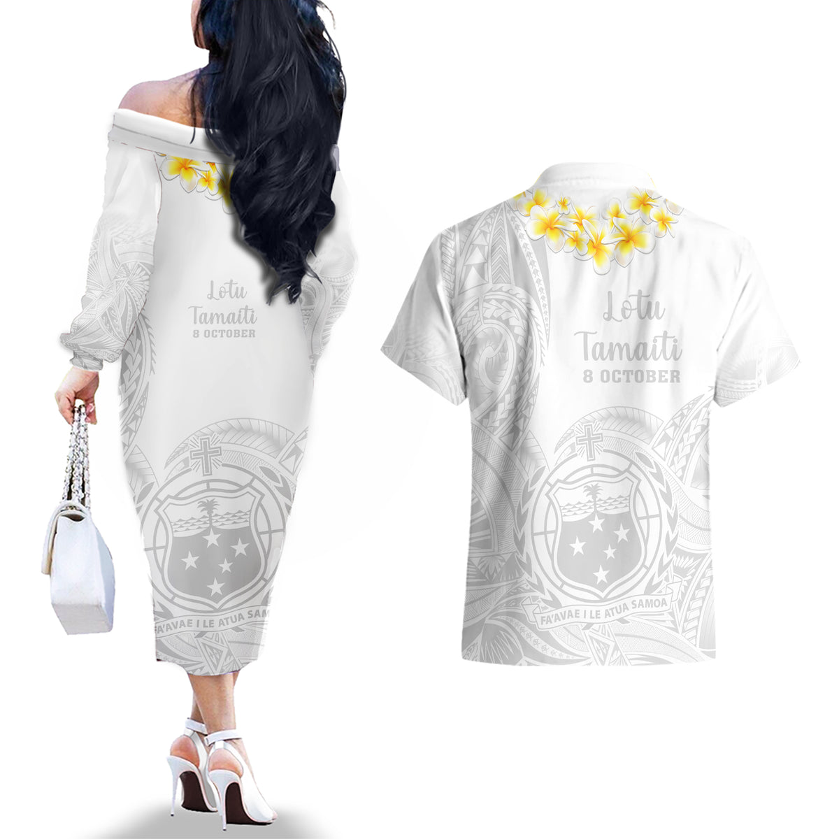 Samoa White Sunday Couples Matching Off The Shoulder Long Sleeve Dress and Hawaiian Shirt Lotu Tamaiti 2023 With Coat Of Arms - Wonder Print Shop