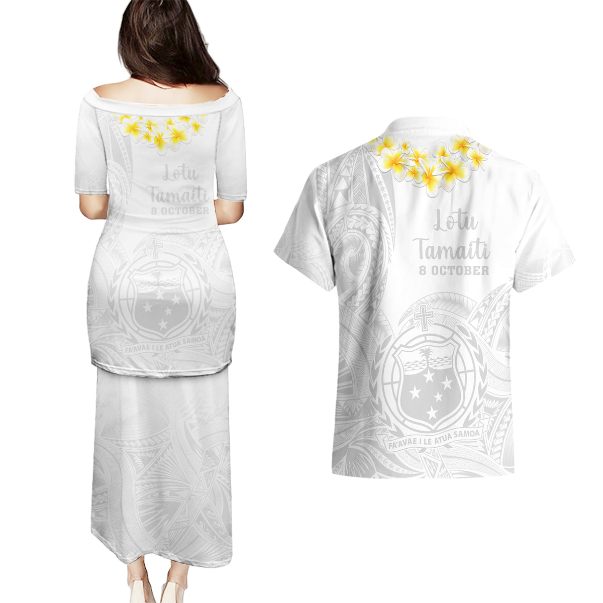 Samoa White Sunday Couples Matching Puletasi Dress and Hawaiian Shirt Lotu Tamaiti 2023 With Coat Of Arms - Wonder Print Shop