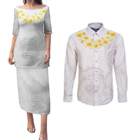 Samoa White Sunday Couples Matching Puletasi Dress and Long Sleeve Button Shirts Lotu Tamaiti 2023 With Coat Of Arms - Wonder Print Shop
