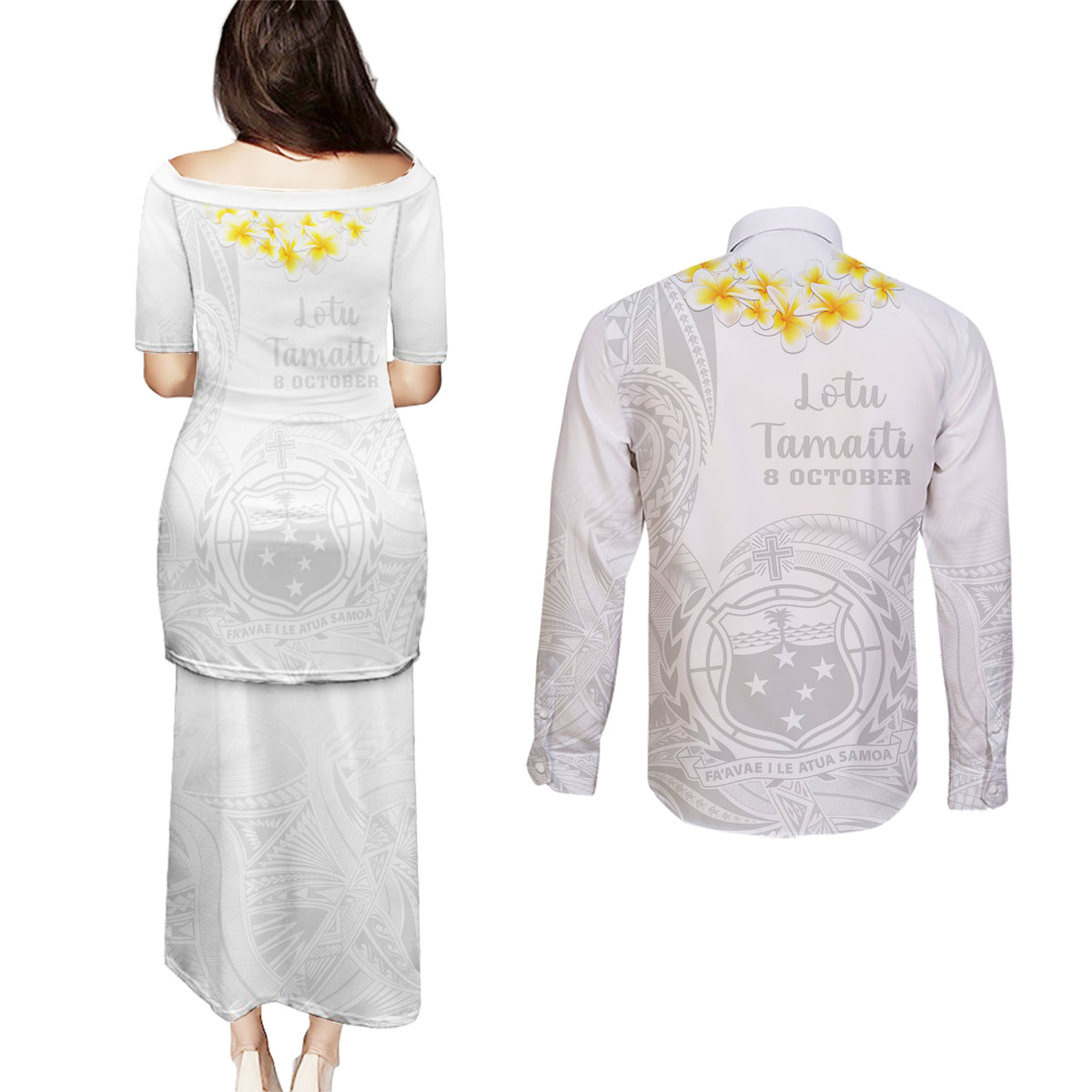 Samoa White Sunday Couples Matching Puletasi Dress and Long Sleeve Button Shirts Lotu Tamaiti 2023 With Coat Of Arms - Wonder Print Shop
