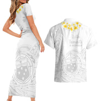 Samoa White Sunday Couples Matching Short Sleeve Bodycon Dress and Hawaiian Shirt Lotu Tamaiti 2023 With Coat Of Arms - Wonder Print Shop