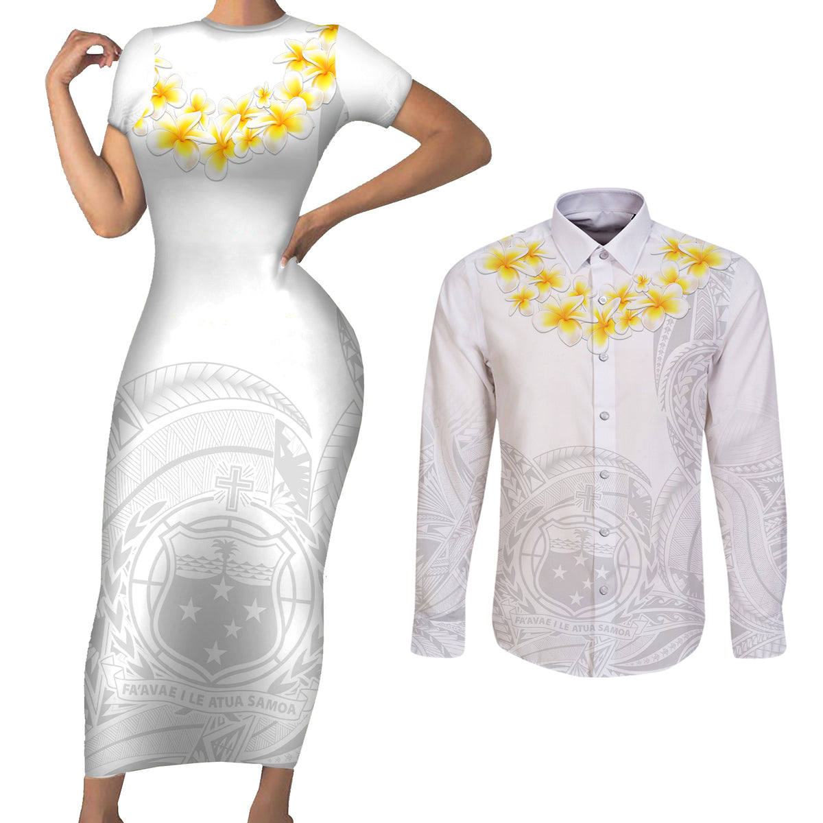 Samoa White Sunday Couples Matching Short Sleeve Bodycon Dress and Long Sleeve Button Shirts Lotu Tamaiti 2023 With Coat Of Arms - Wonder Print Shop