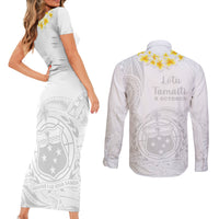 Samoa White Sunday Couples Matching Short Sleeve Bodycon Dress and Long Sleeve Button Shirts Lotu Tamaiti 2023 With Coat Of Arms - Wonder Print Shop