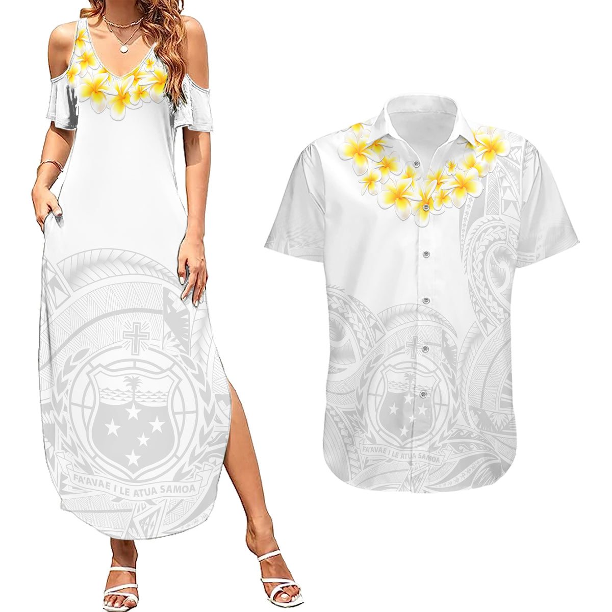 Samoa White Sunday Couples Matching Summer Maxi Dress and Hawaiian Shirt Lotu Tamaiti 2023 With Coat Of Arms - Wonder Print Shop