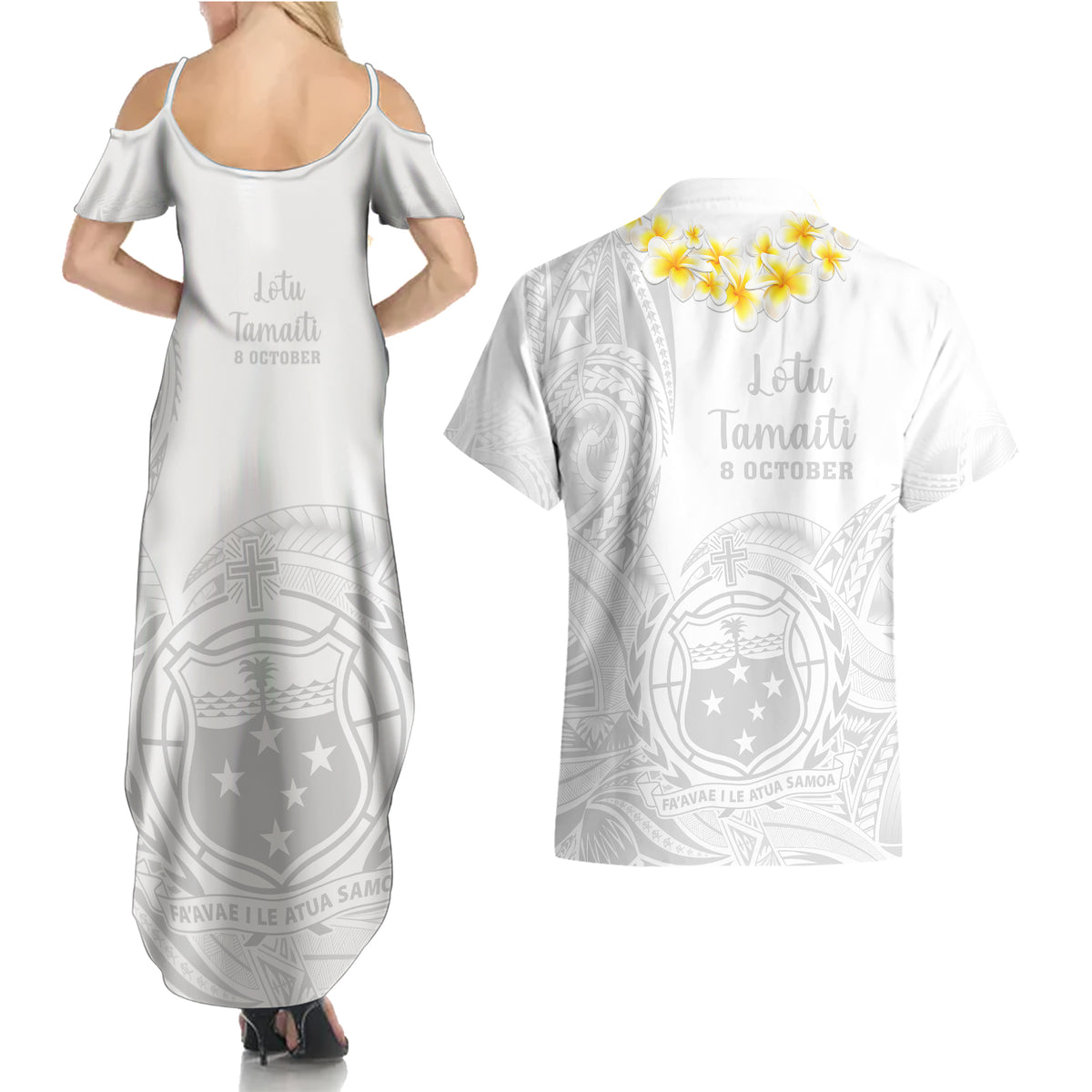 Samoa White Sunday Couples Matching Summer Maxi Dress and Hawaiian Shirt Lotu Tamaiti 2023 With Coat Of Arms - Wonder Print Shop