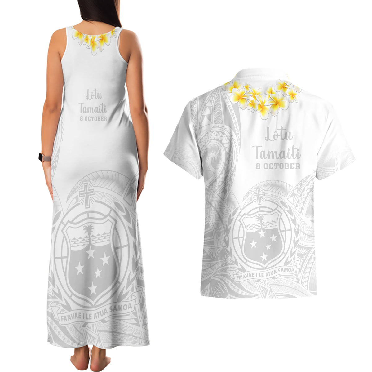 Samoa White Sunday Couples Matching Tank Maxi Dress and Hawaiian Shirt Lotu Tamaiti 2023 With Coat Of Arms - Wonder Print Shop