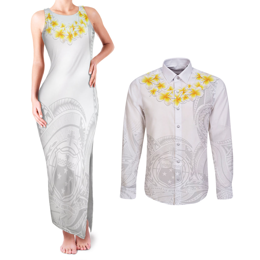 Samoa White Sunday Couples Matching Tank Maxi Dress and Long Sleeve Button Shirts Lotu Tamaiti 2023 With Coat Of Arms - Wonder Print Shop