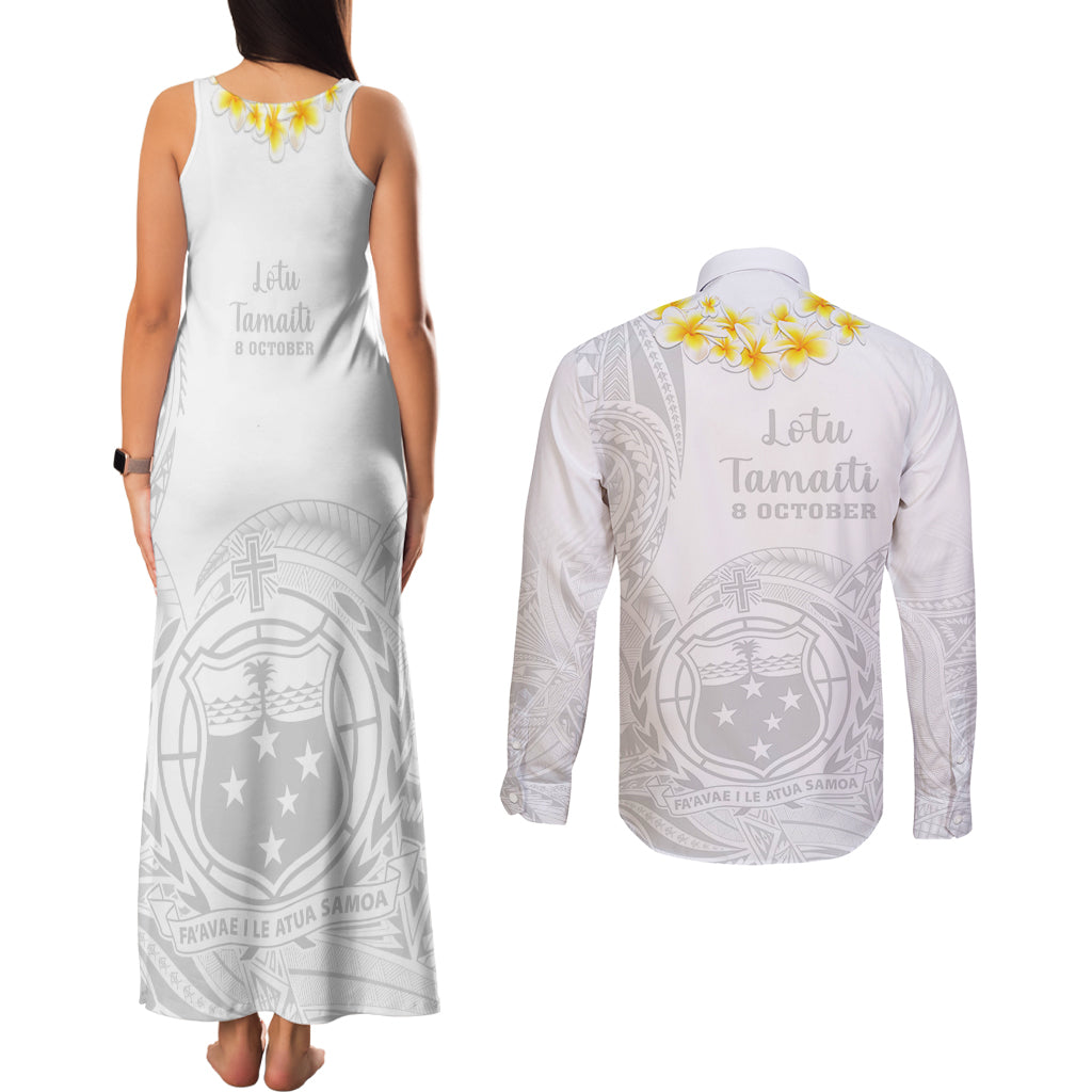 Samoa White Sunday Couples Matching Tank Maxi Dress and Long Sleeve Button Shirts Lotu Tamaiti 2023 With Coat Of Arms - Wonder Print Shop