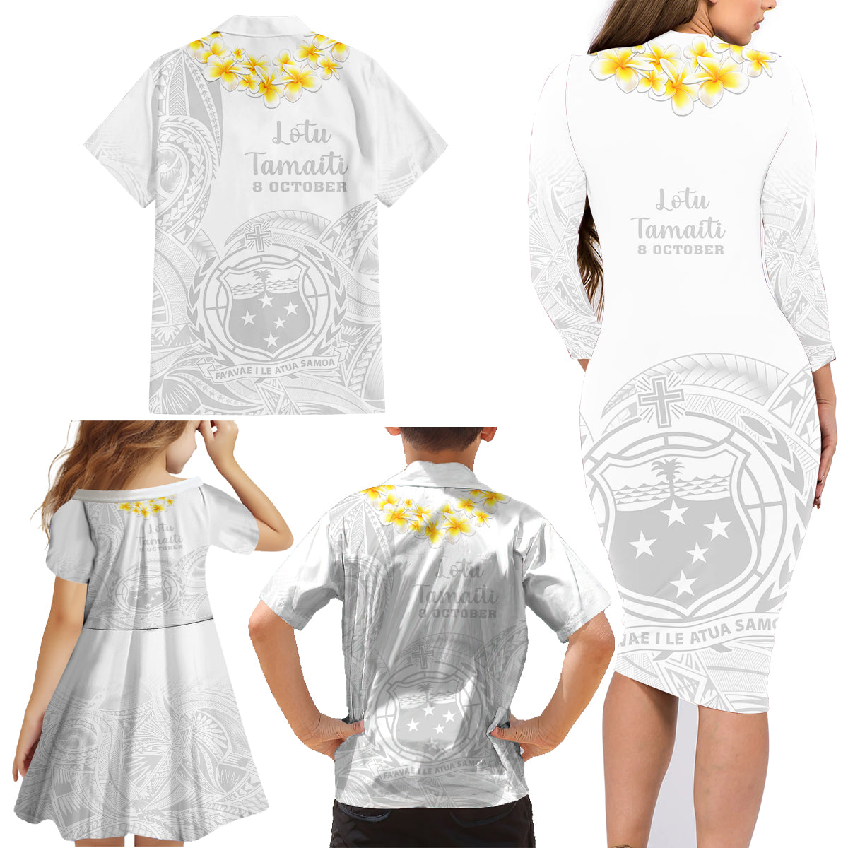 Samoa White Sunday Family Matching Long Sleeve Bodycon Dress and Hawaiian Shirt Lotu Tamaiti 2023 With Coat Of Arms - Wonder Print Shop
