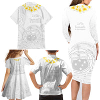 Samoa White Sunday Family Matching Long Sleeve Bodycon Dress and Hawaiian Shirt Lotu Tamaiti 2023 With Coat Of Arms - Wonder Print Shop