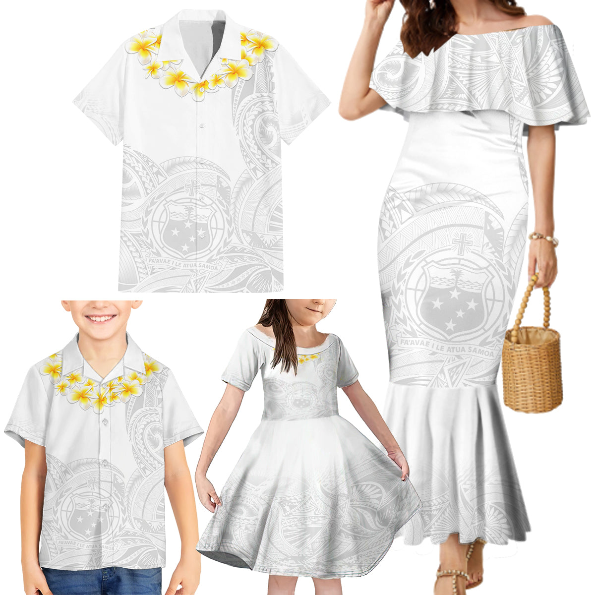 Samoa White Sunday Family Matching Mermaid Dress and Hawaiian Shirt Lotu Tamaiti 2023 With Coat Of Arms - Wonder Print Shop