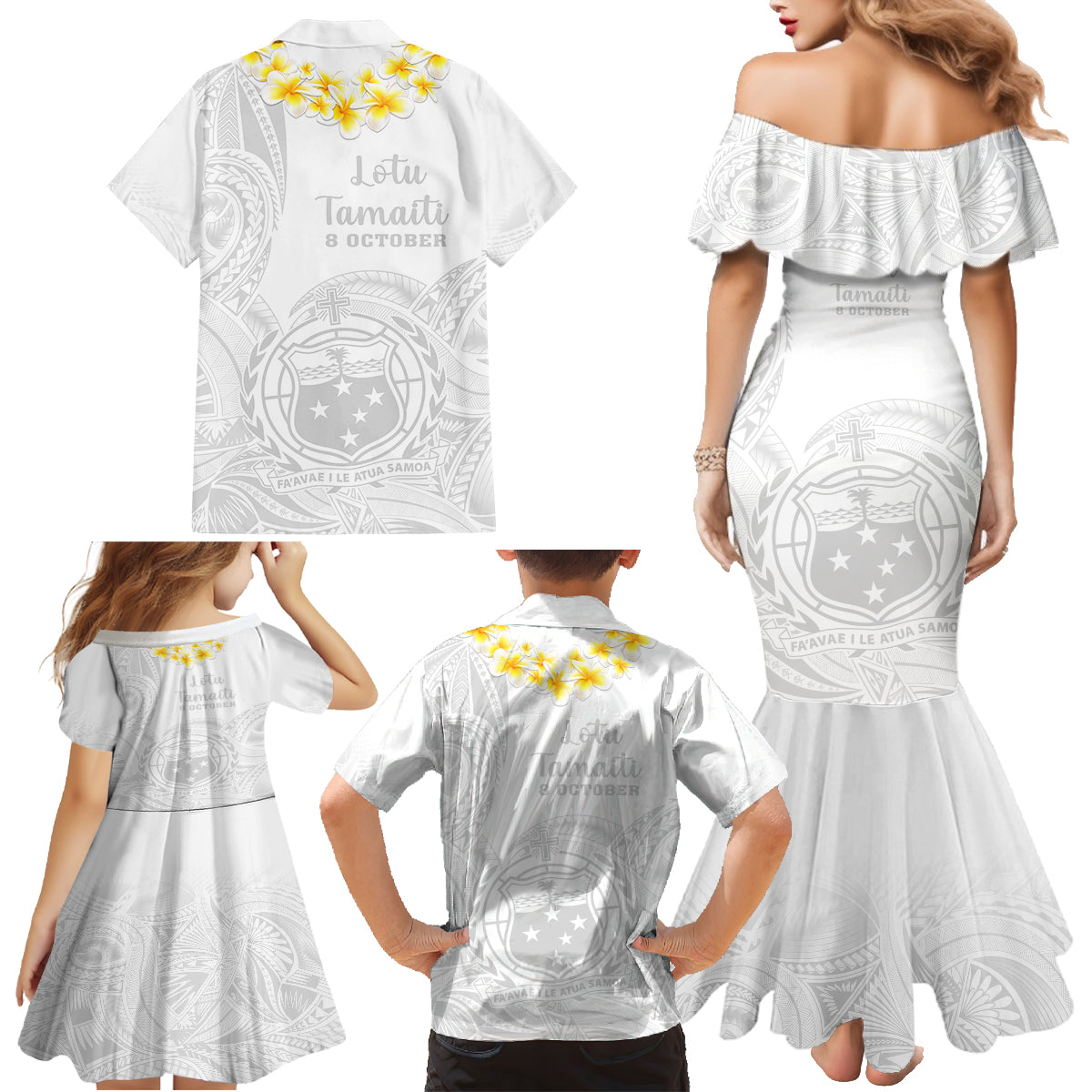 Samoa White Sunday Family Matching Mermaid Dress and Hawaiian Shirt Lotu Tamaiti 2023 With Coat Of Arms - Wonder Print Shop